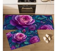 DUOTCYELE Juegos De Alfombras De Cocina Rosas De Color Rosa Púrpura 2 Piezas Antideslizante Alfombra De Cocina Flores Antiguas Absorbente Lavable Alfombrillas De Pie para Cocinas, 50x80cm+50x150cm