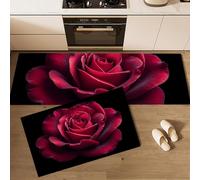 DUOTCYELE Juegos De Alfombras De Cocina Rosas Rojas 2 Piezas Antideslizante Alfombra De Cocina Flores Oscuras Absorbente Lavable Alfombrillas De Pie para Cocinas, 50x80cm+50x150cm