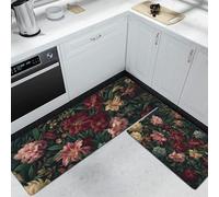 DUOTCYELE Juegos De Tapetes De Cocina Lirios Tulipanes 2 Piezas, Tapetes Flores Oscuras Vintage Lavables Resistente Al Aceite Suave para Pasillo, Comedor Y Entrada, Multicolor 45x75cm+45x150cm