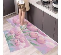DUOTCYELE Juegos De Tapetes De Cocina Tulipanes Rosas 2 Piezas, Tapetes Flores De Ensueño Lavables Resistente Al Aceite Suave para Pasillo, Comedor Y Entrada, Rosa 50x80cm+50x150cm