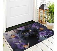 DUOTCYELE Mariposas Flores Gato Negro - Felpudo para Interiores 40 x 60 cm, Ilustración Animal En Acuarela Alfombra Entrada Duradero Antideslizante para Dormitorio Pasillo Oficina, Púrpura