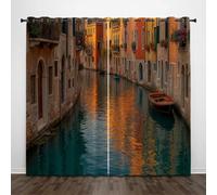 DUOTCYELE Naranja - Cortinas Opacas Río Arquitectura De Ventanas Arqueadas, 117 x 137 cm, Aislamiento Térmico, Cortinas Paisaje De Pueblo Acuático Retro con Ojales para Salón Dormitorio Habitacion