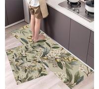 DUOTCYELE Rama De Olivo Flores - Juego De 2 Alfombras De Cocina Antifatiga con Flores Antiguas para Decoración del Hogar, Antideslizantes, Lavables, Absorbentes, (Verde Grisáceo, 50x80cm+50x150cm)