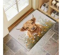 DUOTCYELE Tapete De Bienvenida con Parterres De Flores Ganado De Las Tierras Altas, AAdecuado para Interiores, Alfombra con Representación Realista De Animales Rurales Dormitorios, 45 x 75 cm