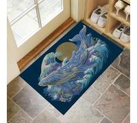 DUOTCYELE Tapete Luna Llena Olas Ballena Azul para Entrada, Felpudo Antideslizante Lavable con Estilo Japonés Ukiyo-E para Puerta De Entrada, Sala De Estar 45 x 75 cm