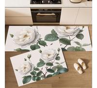 DUOTCYELE Tapetes De Cocina Rosas Blancas Hojas Verdes, Animados Antideslizantes Juego De Alfombras De Cocina Flores De Plantas Antiguas Lavables Antifatiga Alfombra Cómoda - 40x60cm+40x120cm