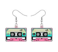 DUOWEI Acrílico Divertido 80s 90s Vintage Cassette Tape Colgante Pendientes para Mujeres Niñas Lindo Retro Nostalgia Joyería Regalos para Mamá Amantes de la Música Outfit (Rosa)