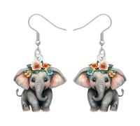DUOWEI Acrílico Lindo Elefante Pendientes Colgantes Regalos para Mujeres Niñas Amantes de los Animales, Juguetones Animales de la Selva Hipoalergénico Elefante Accesorios de Joyería (Floral)