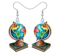 DUOWEI Acrílico Vintage Mundo Globo Dangle Pendientes Geografía Maestro Apreciación Regalos para Mujeres Girls, Colorido Diseño de la Tierra con Base de Libro Declaración Estudiante Joyería (Colorido)