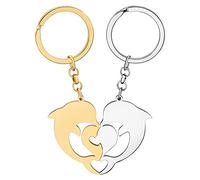 DUOWEI Llaveros de acero inoxidable para parejas, animales, para mujeres, amantes, mejores amigas, regalos de cumpleaños de San Valentín, Delfines chapados en oro y plata, M