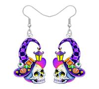 DUOWEI Spooky Halloween Gótico Calavera Esqueleto Dangle Pendientes Extraño Regalos para Mujeres Niñas, Bruja Sombrero de Diseño, Halloween de Disfraces de Vacaciones Accesorios de Joyería (Morado)