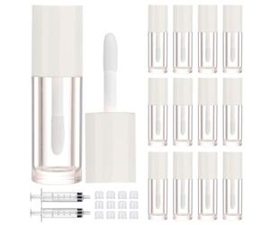 DupakSYS 12 tubos vacíos de brillo de labios de 2,5 ml con varita, bonitos recipientes de brillo de labios rellenables, tubos de bálsamo labial, kit de suministros de brillo de labios + 2 jeringas
