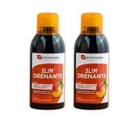 Duplo Slim drenante: complemento alimenticio que asocia reina de los prados, hibiscos, rabillo de cereza, té verde y CactineaTM. Fitotrío de guayaba, alga aosa y genseng. Sabor melocotón