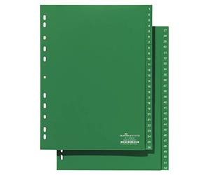 Durable 615705 Índice de números de plástico, retrato A4, totalmente opaco, perforación universal, con dos desagües, 1-52, verde