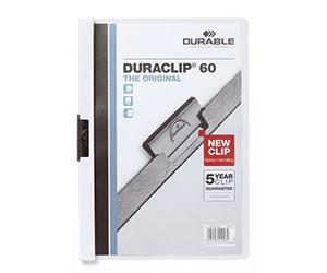 Durable Carpeta con clip Duraclip Original 60, 5 piezas, blanco, 223802 | Abrazadera de acero especial, lámina dura, ancho 220 mm, hasta 60 hojas A4, tapa frontal transparente, Made in Germany