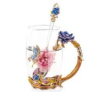 DurabSwap Taza de café de cristal transparente esmaltado, taza de té y agua con cuchara, hecha a mano, juego de regalo de rosa mariposa (azul alto)
