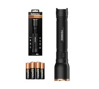 Duracell Linterna LED DF1500 Core - 1500 lúmenes, enfocable, alcance de 180 m, incluye 4 pilas AA, diferentes modos de luz, resistente a salpicaduras, carcasa resistente, lista para usar