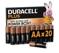 DURACELL Plus Pilas AA (Paquete de 20) - Pilas alcalinas 1,5 V - Hasta un 150 % de duración extra con activos POWER BOOST-Fiabilidad para dispositivos cotidianos-Envase con 0 % de plástico-MN1500