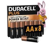 DURACELL Plus Pilas AA (Paquete de 8) - Pilas alcalinas 1,5 V - hasta un 150% de duración Extra con Activos Power Boost-Fiabilidad para Dispositivos cotidianos-Envase con 0% de plástico-MN1500