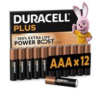 DURACELL Plus Pilas AAA (Paquete de 12) - Pilas alcalinas 1,5 V-Hasta un 150 % de duración extra con activos POWER BOOST-Fiabilidad para dispositivos cotidianos-Envase con 0 % de plástico-MN2400