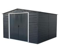 Duramax ALPINE - Cobertizo de jardín de metal con base de metal, 10 x 10 (9,75 m2), cobertizo exterior de acero galvanizado en caliente, techo reforzado resistente, sin mantenimiento y resistente a la