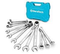 DURATECH Juego de llaves de carraca con cabeza flexible de 12 piezas, 72 dientes, sistema métrico, 8-19 mm, acero al cromo-níquel, organizadas en maletín de almacenamiento