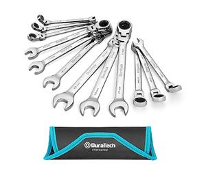 DURATECH Juego de llaves de trinquete de cabeza flexible, juego de llaves combinadas de 12 piezas con engranaje de trinquete de 72 dientes, acero al cromo vanadio, métricas, 8-19 mm