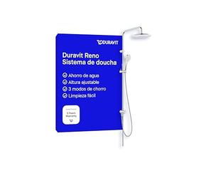 Duravit Reno Columna de Ducha sin Mezclador, sistema de ducha ahorrador con cabezal Ø 25 cm, barra regulable, desviador, ducha de mano con 3 modos, instalación fácil, acabado en cromo