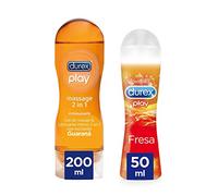 Durex Gel Lubricante Massage 2 en 1 Estimulante Gel de Masaje Erótico y Lubricante Íntimo con Guaraná + Lubricante Sabor Fresa - 200ml + 50ml