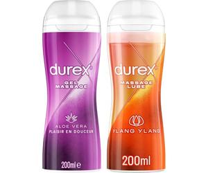 Durex - Juego de 2 geles de masaje lubricantes con suavidad a base de agua - 2 en 1 - con extractos de aloe vera y ylang ylang ylang - Lote de 2 x 200 ml