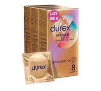 DUREX Lote de 3 preservativos nude extra lubricación, 8 preservativos Ultra finos