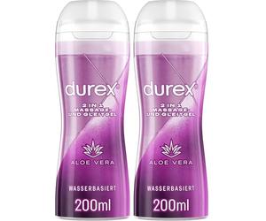 Durex Lubricante 2 en 1 para masaje de aloe vera, lubricante a base de agua con extractos de aloe para masajes sensuales del amor, 2 x 200 ml en dispensador
