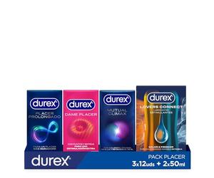 Durex Pack Placer Prolongado + Dame Placer + Mutual Climax, Pack Ahorro 36 Condones + Durex Lovers Connect Calor y Frescor - Lubricante para Ella y para Él 2 x 50 ml