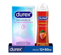 Durex Preservativos Invisibles Extra Lubricados 12 condones + Durex Gel Lubricante Sabor Fresa 50ml