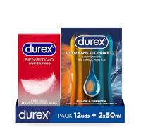 Durex Preservativos Super Finos Contacto Total para Mayor Sensibilidad - 12 condones + Durex Lovers Connect Calor y Frescor - Lubricante para Ella y para Él 2 x 50 ml