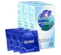 Durex Settebello - Preservativos clásicos para hombre de látex de goma natural transparentes y lubricados con forma Easy-On y depósito de grosor medio - 3 paquetes de 12 condones