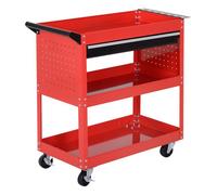 DURHAND Carro de Taller, Carro de Herramientas con 3 Bandejas y Cajón, Ruedas con Frenos, Asa Lateral, Panel Lateral Perforado, para Garaje Mecánico, Hogar, Rojo