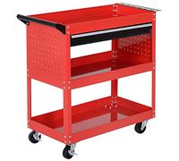 DURHAND Carro de Taller, Carro de Herramientas con 3 Bandejas y Cajón, Ruedas con Frenos, Asa Lateral, Panel Lateral Perforado, para Garaje Mecánico, Hogar, Rojo