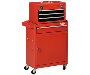 DURHAND Carro Porta Herramientas 2 en 1 con Caja Extraíble y Armario con Llave en Acero, Rojo Aosom España