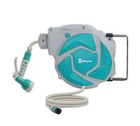 Durhand enrollador de manguera para jardín 10+1 m con boquilla de 7 funciones, carrete de manguera de jardín de pared, giratorio 180°, con retorno enrollado automático, gris claro y verde