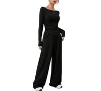 DURINM Chándal de dos piezas para mujer otoño traje de manga Invierno Punto Mujer Conjunto de Salón de Manga Larga Color Sólido Conjunto Vestir con bolsillos