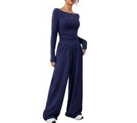 DURINM Chándal de dos piezas para mujer otoño traje de manga Invierno Punto Mujer Conjunto de Salón de Manga Larga Color Sólido Conjunto Vestir con bolsillos