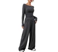 DURINM Chándal de dos piezas para mujer otoño traje de manga Invierno Punto Mujer Conjunto de Salón de Manga Larga Color Sólido Conjunto Vestir con bolsillos