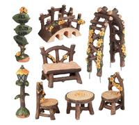 Durlo 8 piezas de accesorios de jardín de hadas en miniatura con mesa, sillas, puente, farola, arco de puerta, poste indicador y taburetes para decoración de casa de muñecas.