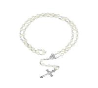 Durlo Collar de rosario católico de perlas blancas con dijes de crucifijo y cuentas de vidrio para oración, ideal para uso religioso y adorno elegante.
