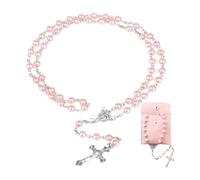 Durlo Collar de rosario católico de perlas rosas con dijes de crucifijo y cuentas de vidrio para oración, ideal para uso religioso y como adorno elegante.