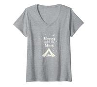 Durmiendo bajo Las Estrellas: Aventura de Camping Camiseta Cuello V, Mujer, Gris Jaspeado, XXL