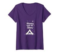 Durmiendo bajo Las Estrellas: Aventura de Camping Camiseta Cuello V, Mujer, Morado, XL