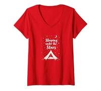 Durmiendo bajo Las Estrellas: Aventura de Camping Camiseta Cuello V, Mujer, Rojo, S