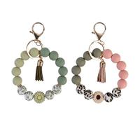 Duronge Llavero de Pulsera de Silicona para Mujer, Llavero Coche Niña con Cuentas de Leopardo y Margarita, Pulsera Antiperdida con Borla, Verde y Rosa Nude
